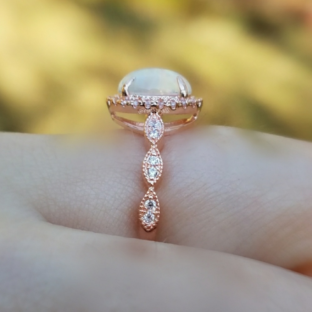 Rose Gold Round Opal Diamond Halo Milgrain Ring - Picture 3 of 7
